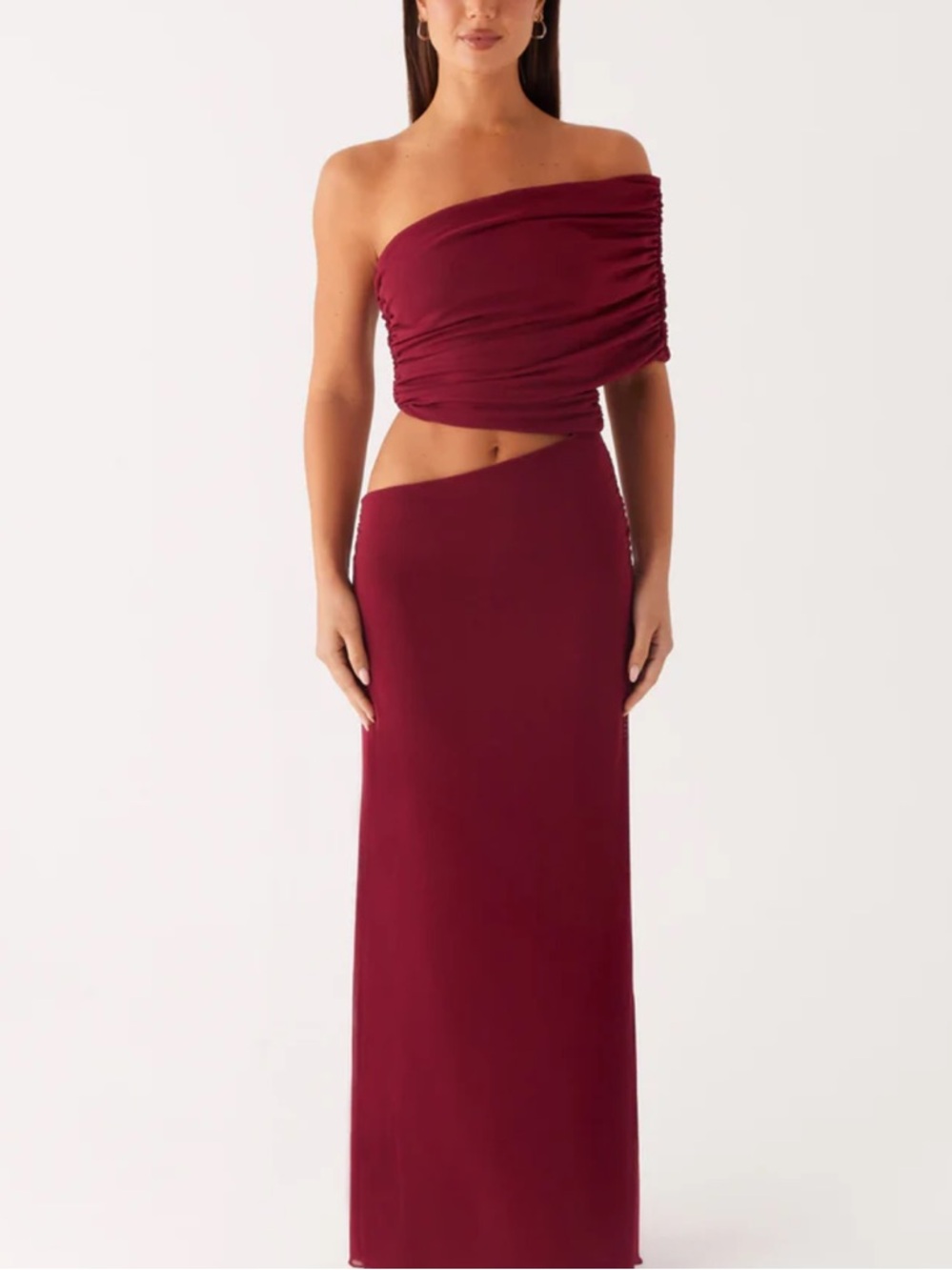 Peppermayo Burgundy One-Shoulder Cutout Maxi Dress